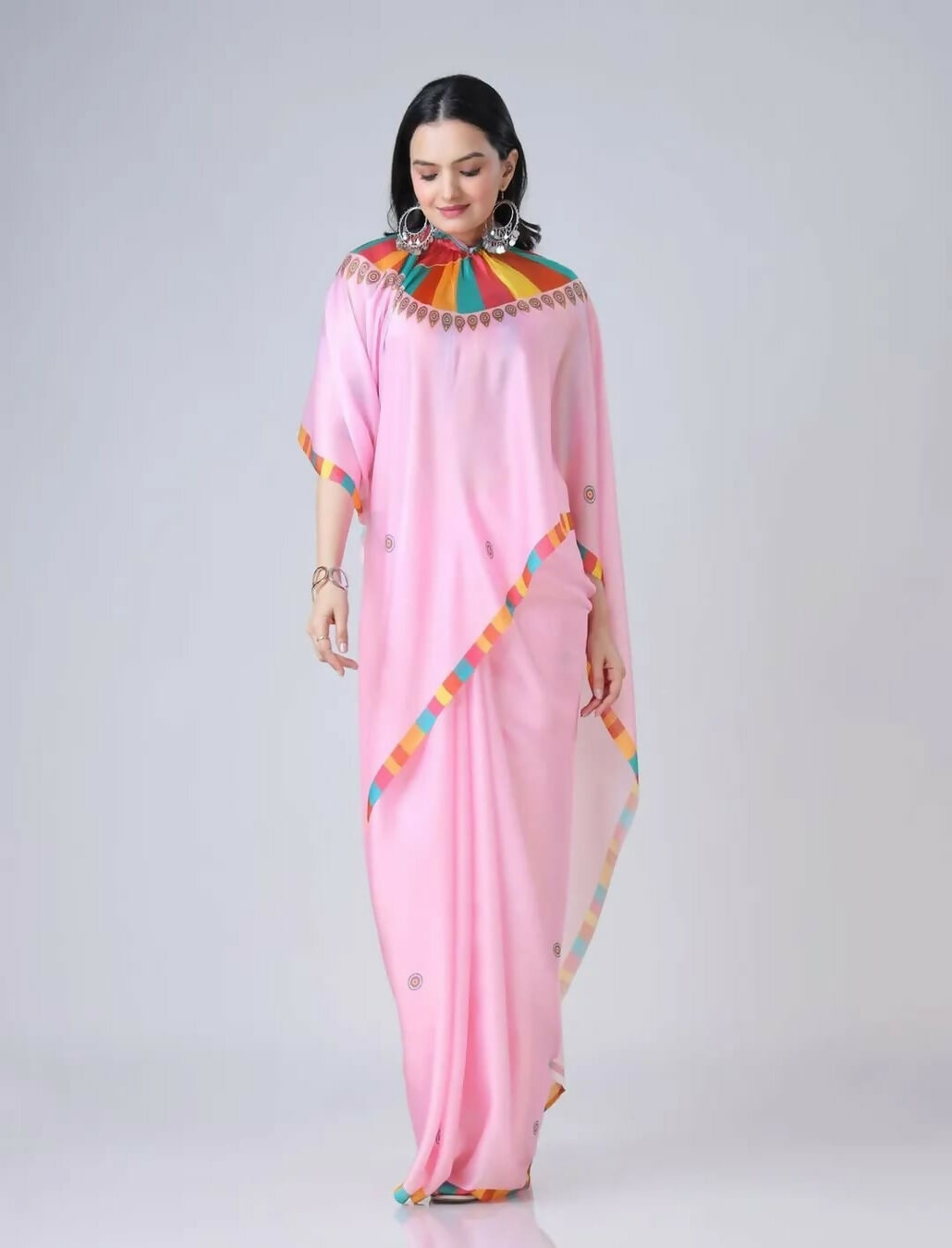 Vastranavya Baby Pink Ready to Wear Festive Print Free Hand Saree