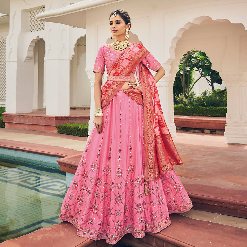 Bright Pink Heavy Viscose Khatli, Embroidery & Mirror Work Unstitched Lehenga Choli - Sisha Keshav