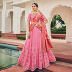 Bright Pink Heavy Viscose Khatli, Embroidery & Mirror Work Unstitched Lehenga Choli - Sisha Keshav