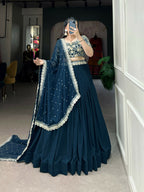 Vastranavya Gorgeous Georgette Lehenga Choli With Embroidered Banglory Blouse - Teal