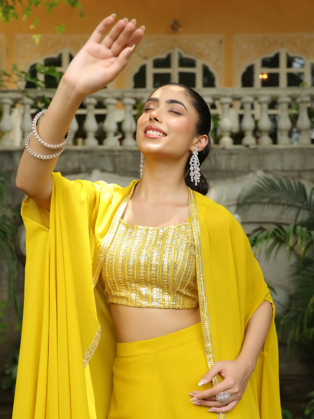 Janasya Yellow Georgette Sequined Top Bottom Cape