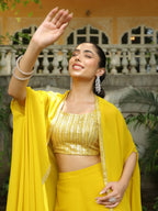 Janasya Yellow Georgette Sequined Top Bottom Cape