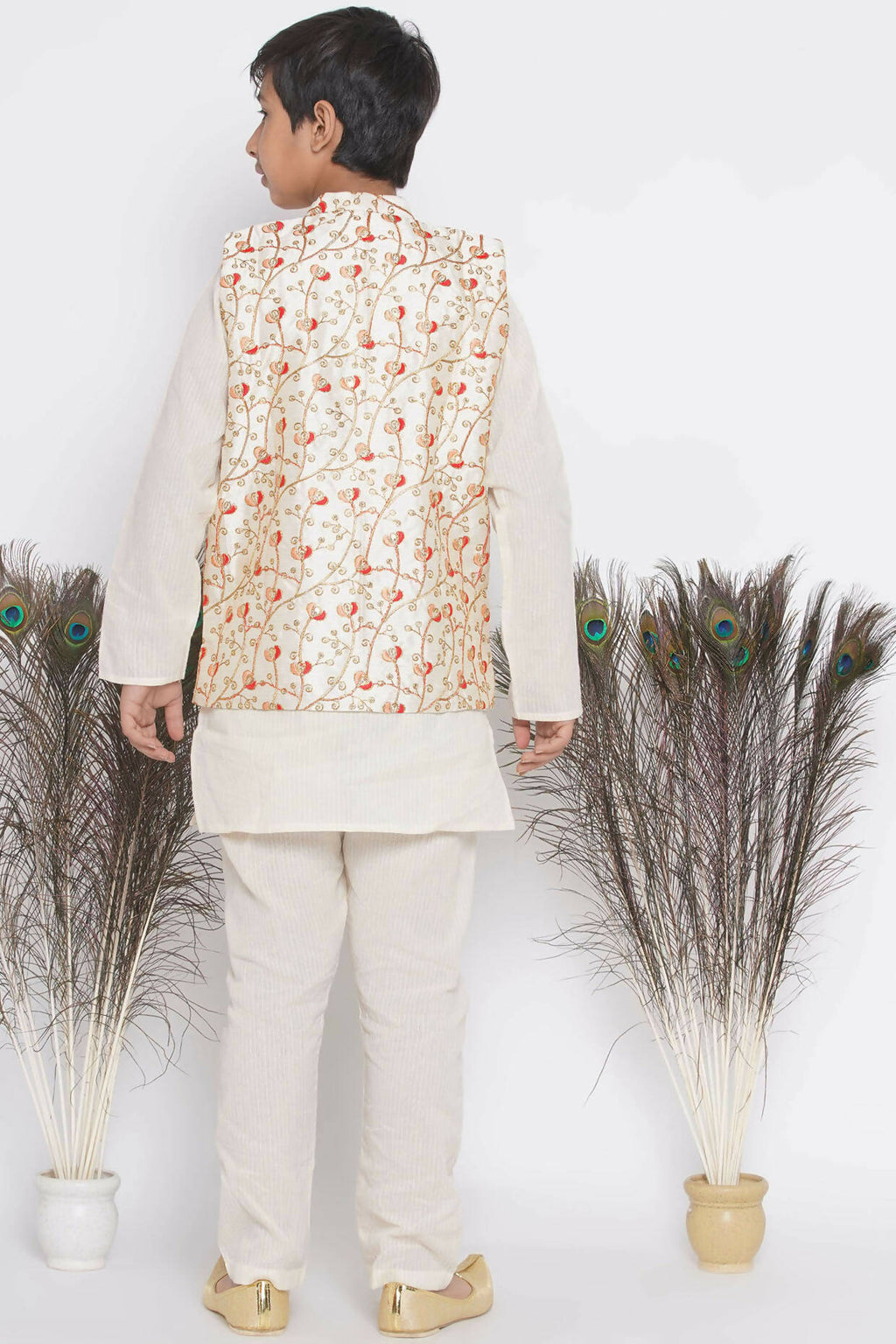 Little Bansi Banarsi Red Tulip Embroidery Jacket with Cotton Kantha kurta and Kantha Pyjama - Cream