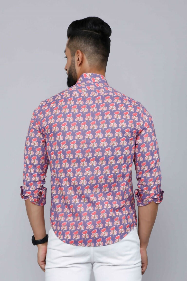 Miravan Men's Purple Floral Design Stylish Casual Cotton Shirt