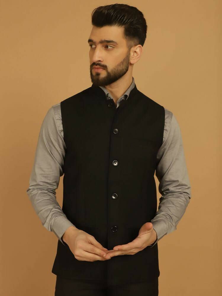 Even Apparels Nehru Jacket With Welt Pockets - Black