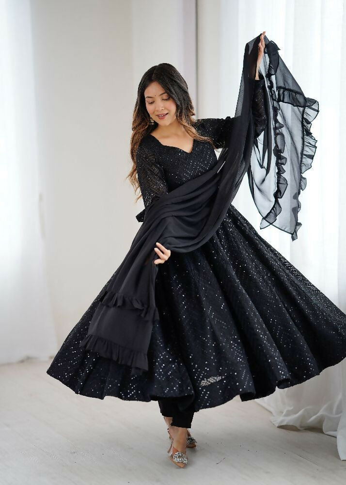 The52 Women's Gorgeous Embroidery Fox Georgette Fabric Flared Anarkali Pant and Dupatta Set - Distacart