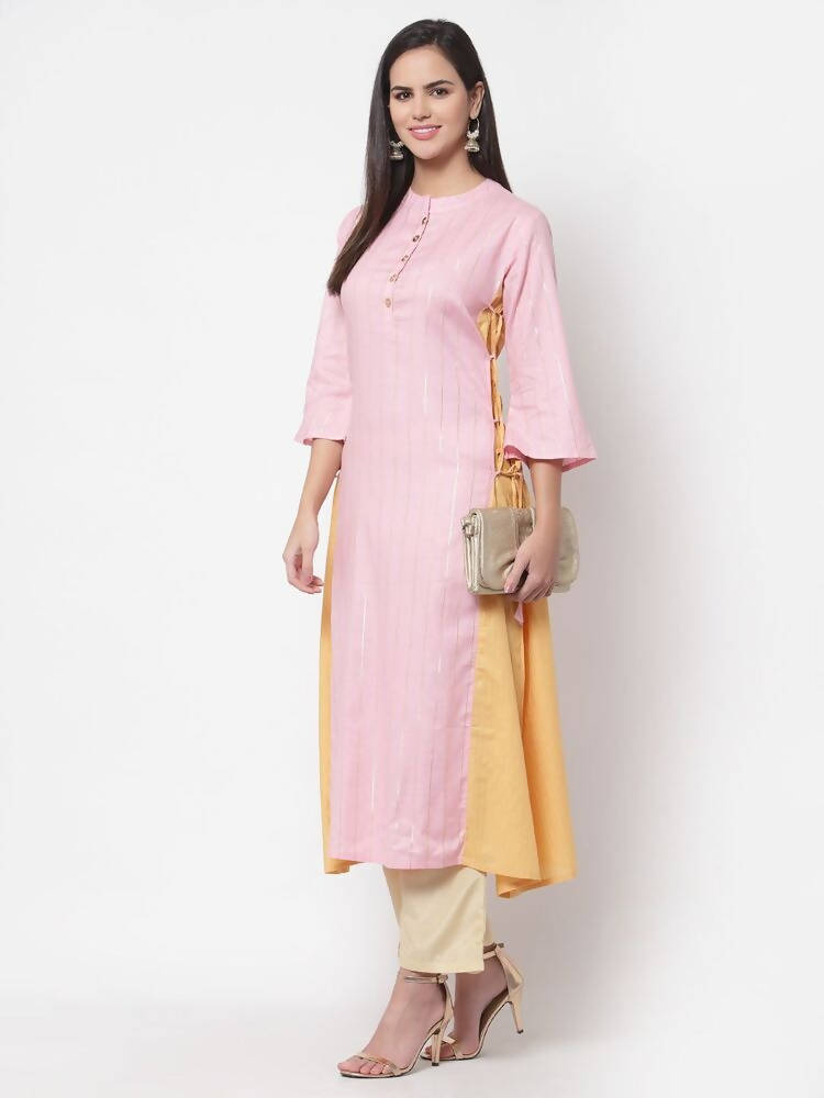Myshka Women's Pink Solid 3/4 Sleeve Cotton Round Neck Dress