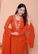 Miravan Womens Embroidered Cotton Kurta With Palazzo & Dupatta Set - Distacart