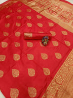 DEIANA'S Beautiful Designer Golden zari Soft Lichi Silk Saree - Red