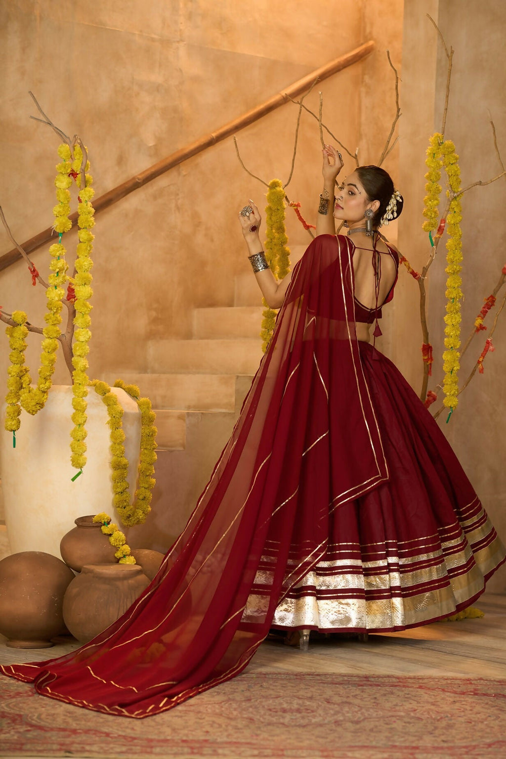 AI Fashion Maroon Silk Crepe Designer Navratri Wear Lehenga Choli Collection