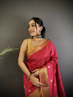 Joban Fashion Hot Pink Bhagalpuri Cotton Silk Stripes/Box Saree - Distacart