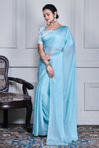 Morchari Blue Chiffon Hand Embroidery Saree And Stitched Blouse - Distacart
