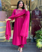 The52 Pink Women's Gorgeous Chanderi Fabric Embroidered Work Straight Kurta Pant and Dupatta Set - Distacart