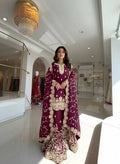 Teeya Creation Wine Pure Silk Gimmy Silk Heavy Embroidery Work Wedding Wear Palazzo Pair - Distacart