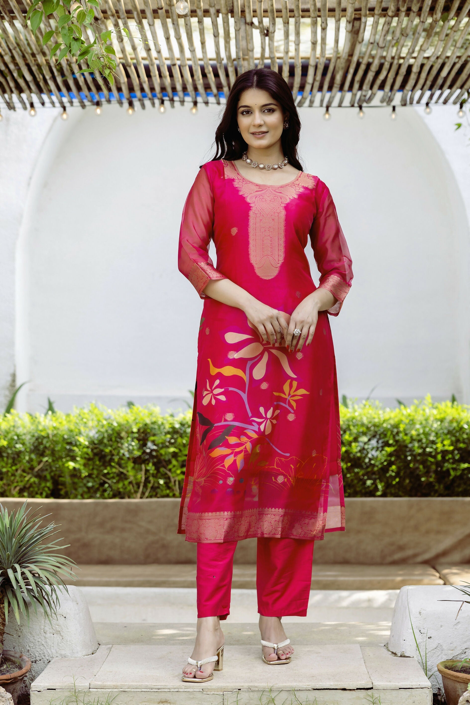 The52 Women's Beautiful Printed Work Jacquard Organza Fabric Straight Kurta Pant and Dupatta Set - Distacart