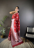 Joban Fashion Maroon Floral Motifs Soft Silk Banarasi Saree - Distacart