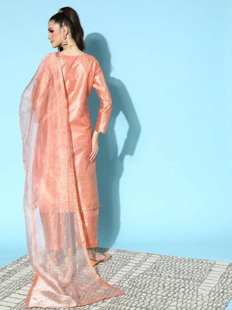Ahalyaa Women's Peach Colour Poly Silk Printed Kurta Pant Set With Dupatta - Distacart
