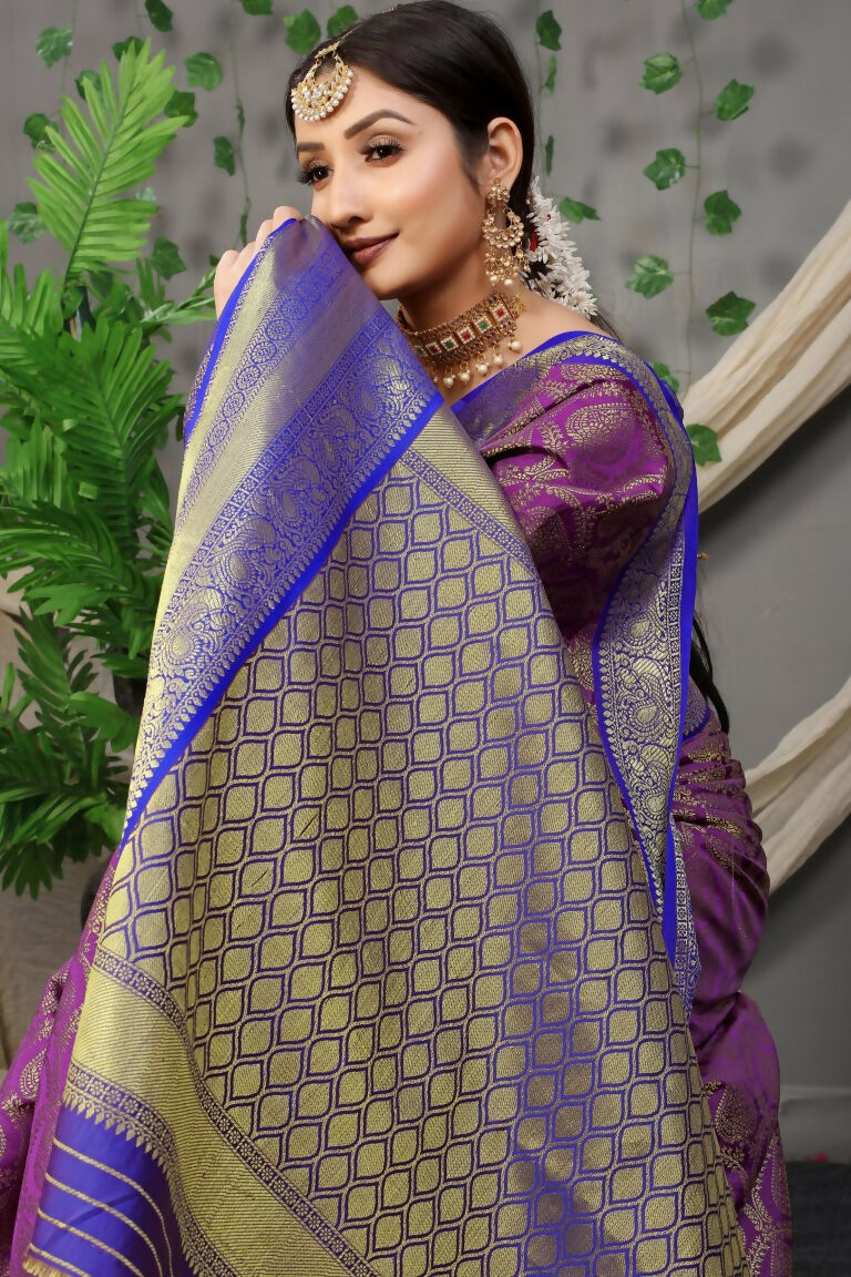 Jyoti Fashion Women's Purple Kanjivaram Silk Zari Woven Saree with Blouse