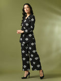 Myshka Women's Black Printed Polo Collar Party Top With Trousers Co-ord set
