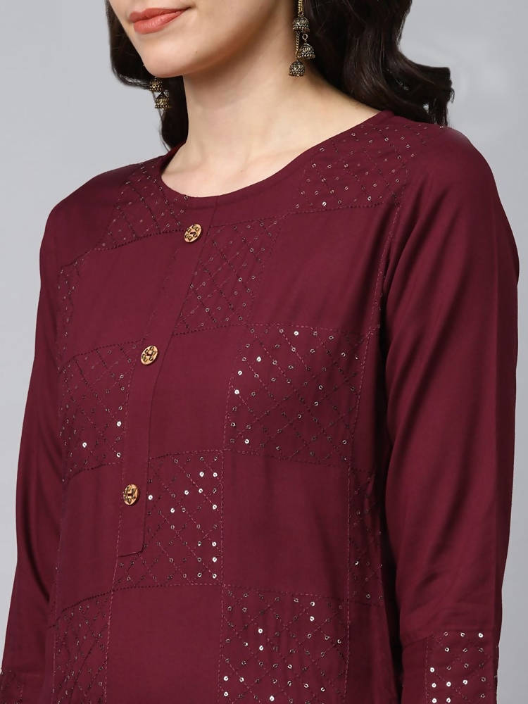 Yufta Women Maroon Self Design Kurta with Palazzo
