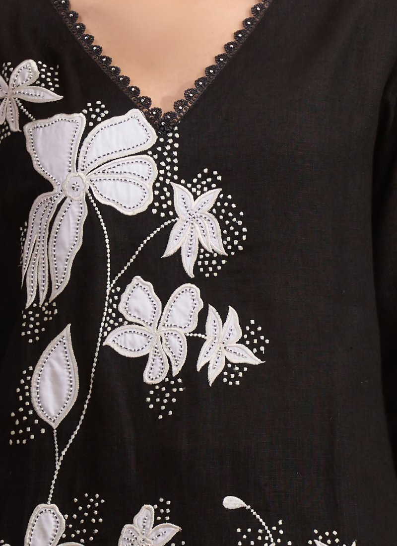 Joban Fashion Black Linen Embroidered Readymade Long Kurta With Pant - Distacart