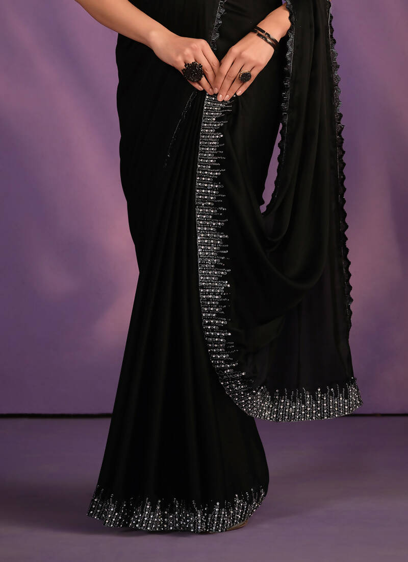 Black Crepe Satin Silk Embroidered Saree With Stitched Blouse - Mohmanthan Exotica