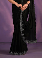 Black Crepe Satin Silk Embroidered Saree With Stitched Blouse - Mohmanthan Exotica