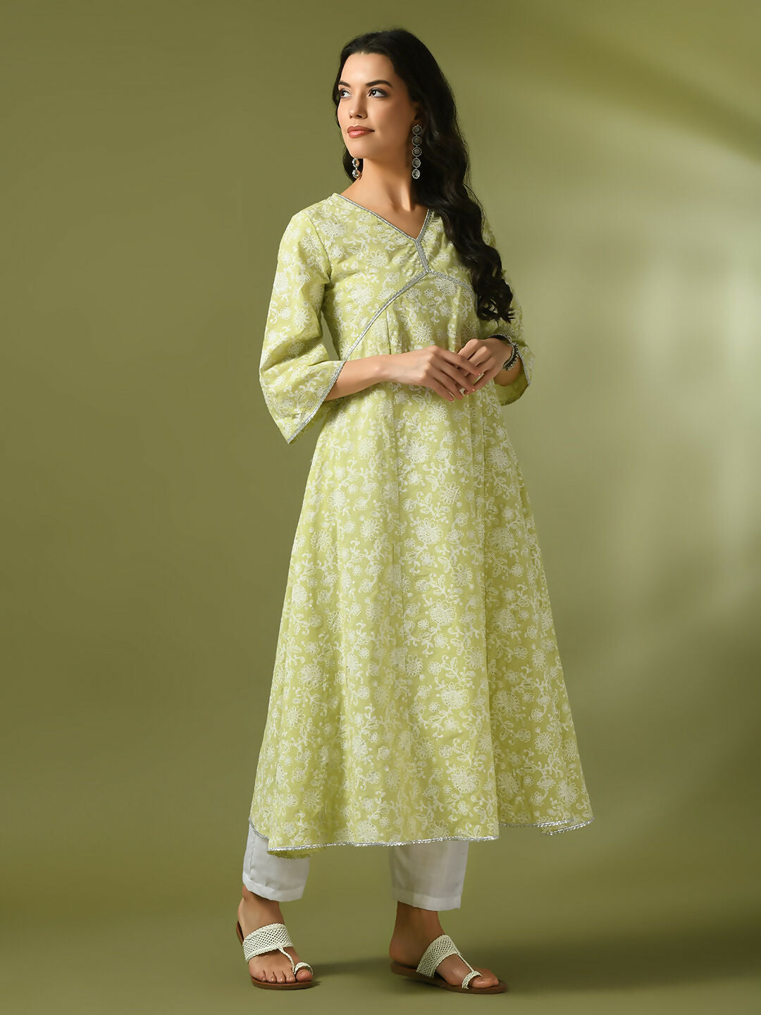 Myshka Women'sLime Green Printed Cotton Anarkali Party Kurta Set