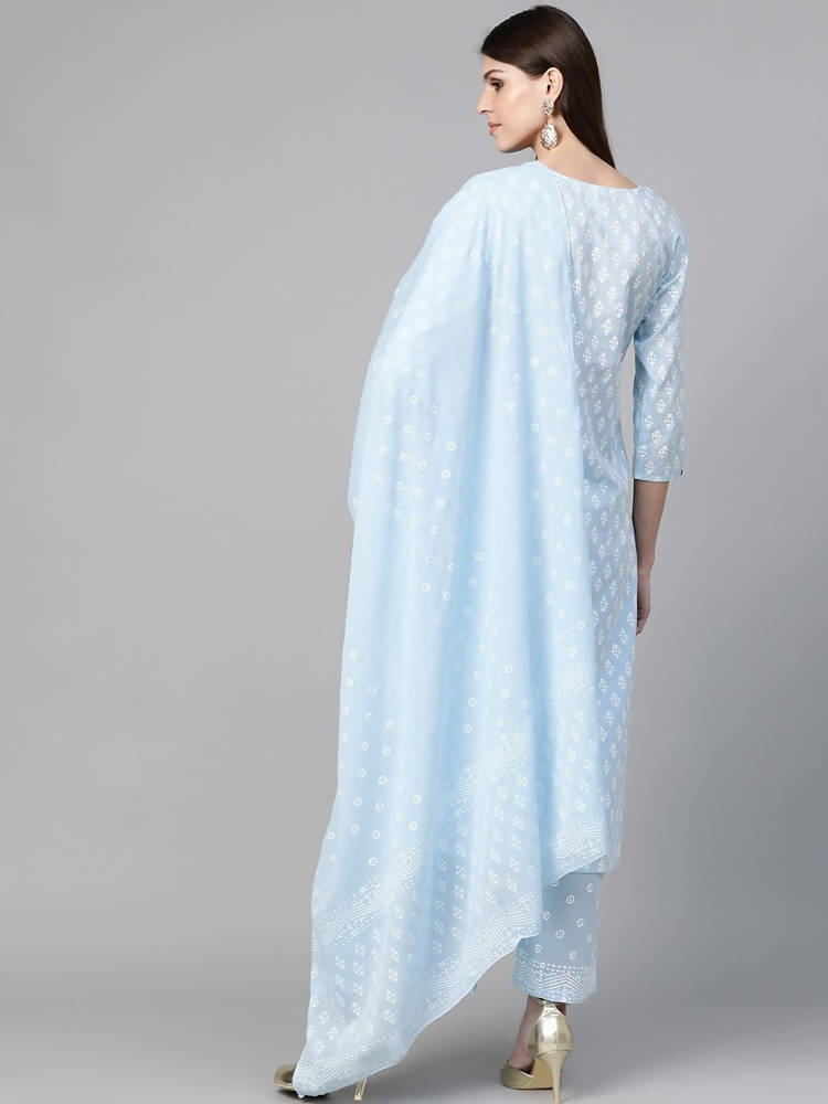 Yufta Women Blue & White Printed Kurta with Palazzo & Dupatta