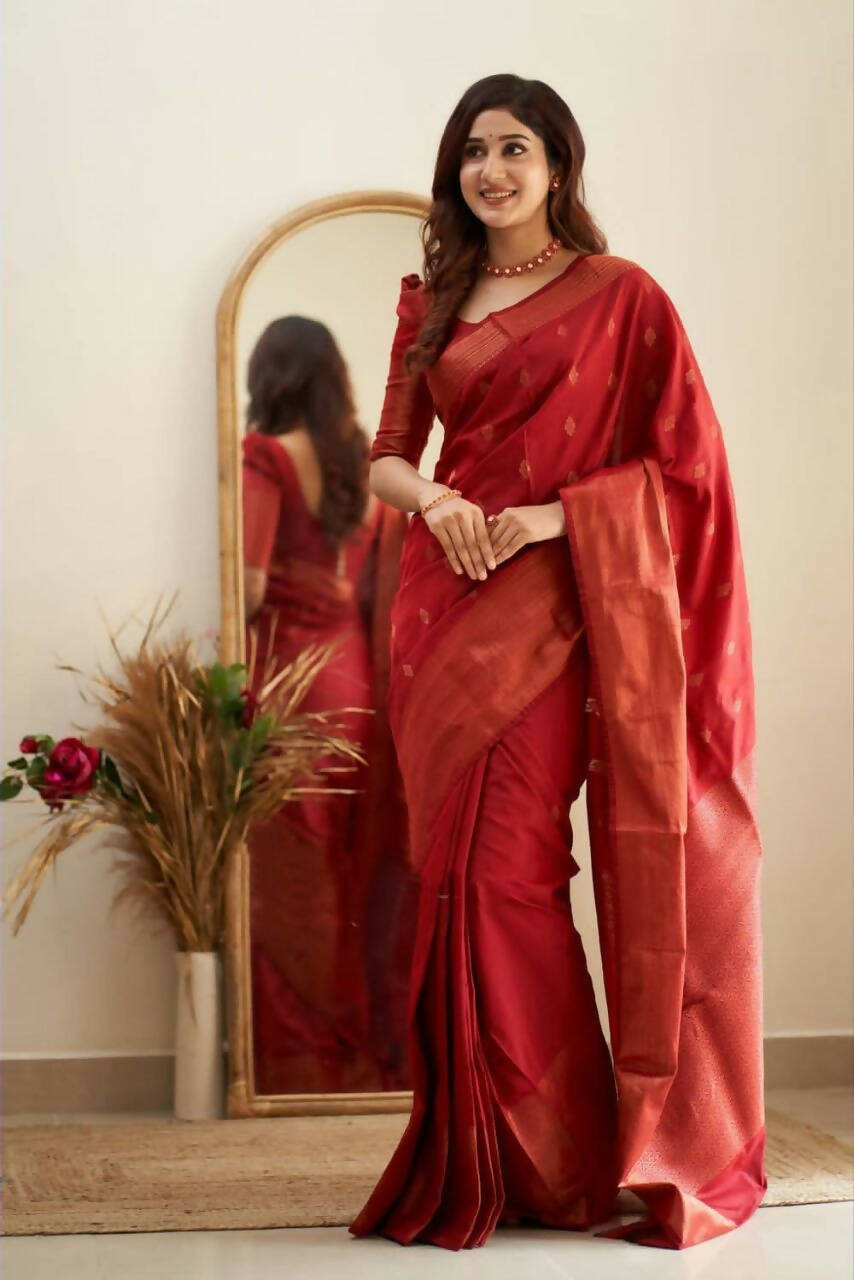 DEIANA'S Beautiful Designer Golden zari Soft Lichi Silk Saree - Red
