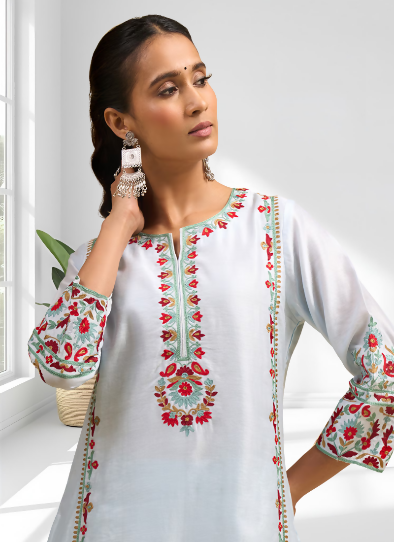 Joban Fashion Sky Blue Silk Embroidered Readymade Long Kurta With Pant - Distacart