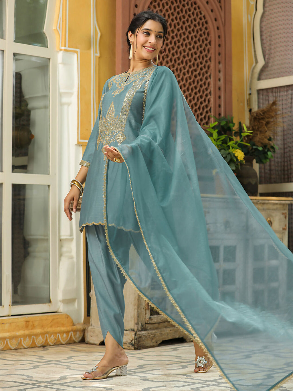 Janasya Light Blue Silk Blend Solid Kurta,Bottom & Dupatta