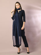 Myshka Women's Navy Blue Embroidered Cotton Straight Party Kurta Set With Dupatta