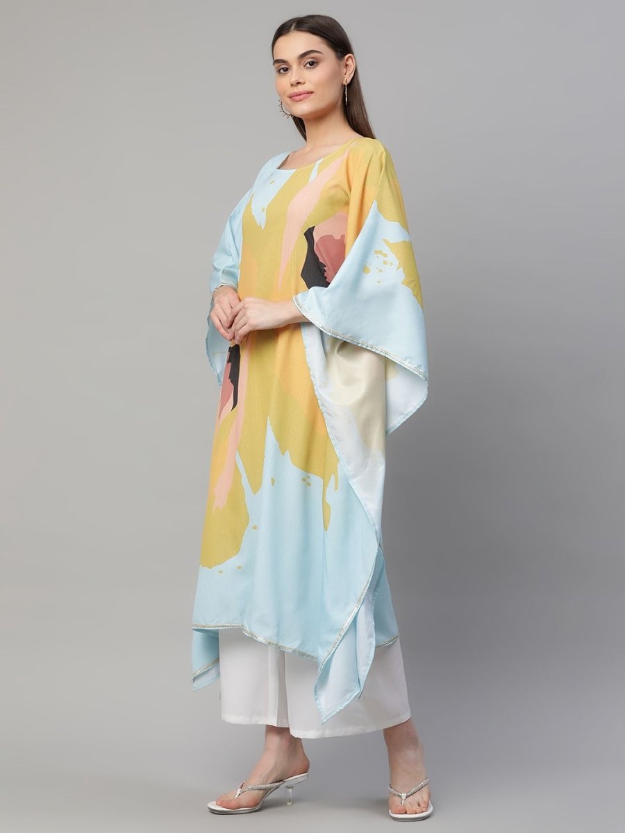 Ahalyaa Women Yellow Crepe Digital Printed Kaftan Kurta with Palazzos - Distacart