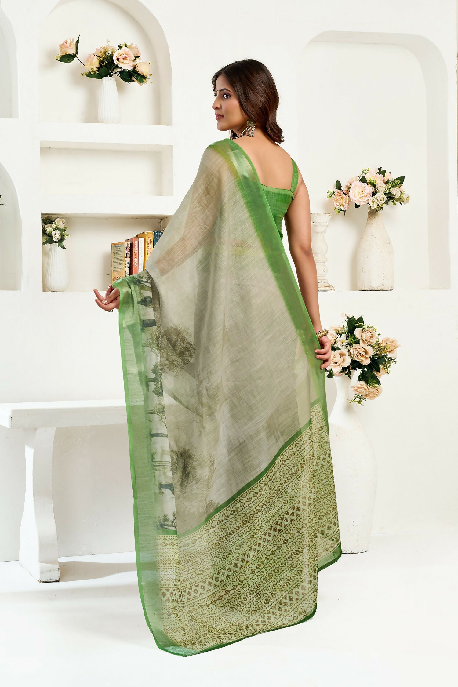 Joban Fashion Green Floral & Ethnic Motifs Linen Ready To Wear Saree With Unstitched Blouse - Distacart