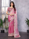 Vastranavya Baby Pink Embroidery Work Shimmer Chiffon Saree with Unstitched Blouse - Distacart