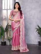 Vastranavya Baby Pink Embroidery Work Shimmer Chiffon Saree with Unstitched Blouse - Distacart