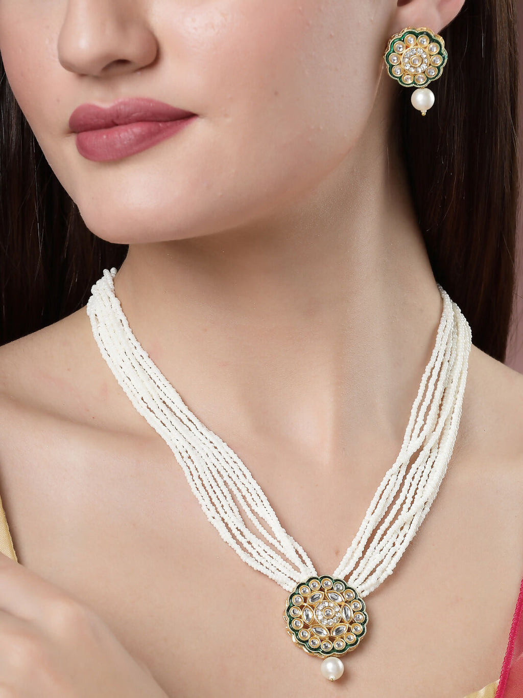 NVR Women's White & Gold-Polished Kundan & Pearl Jewellery Set