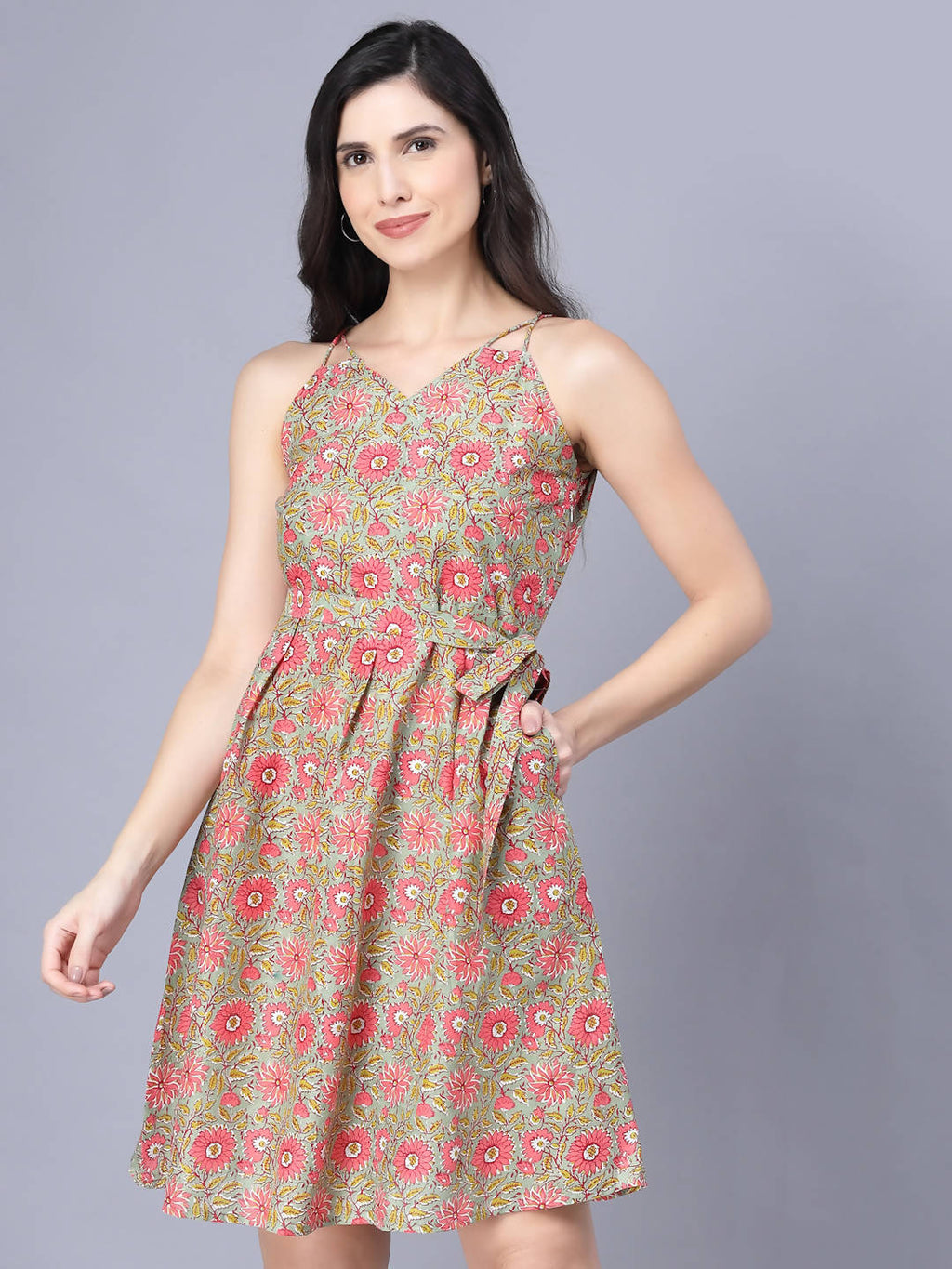 Myshka Cotton Printed Sleeveless Shoulder Straps Multicolor Women Dress - Distacart