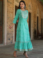 Juniper Women's Green Printed Embroidered Mirror Work Sequin Cotton Flared Dress - Distacart