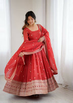 The52 Women's Beautiful Embroidery Work Crunchy Silk Fabric Flared Anarkali and Dupatta Set - Distacart