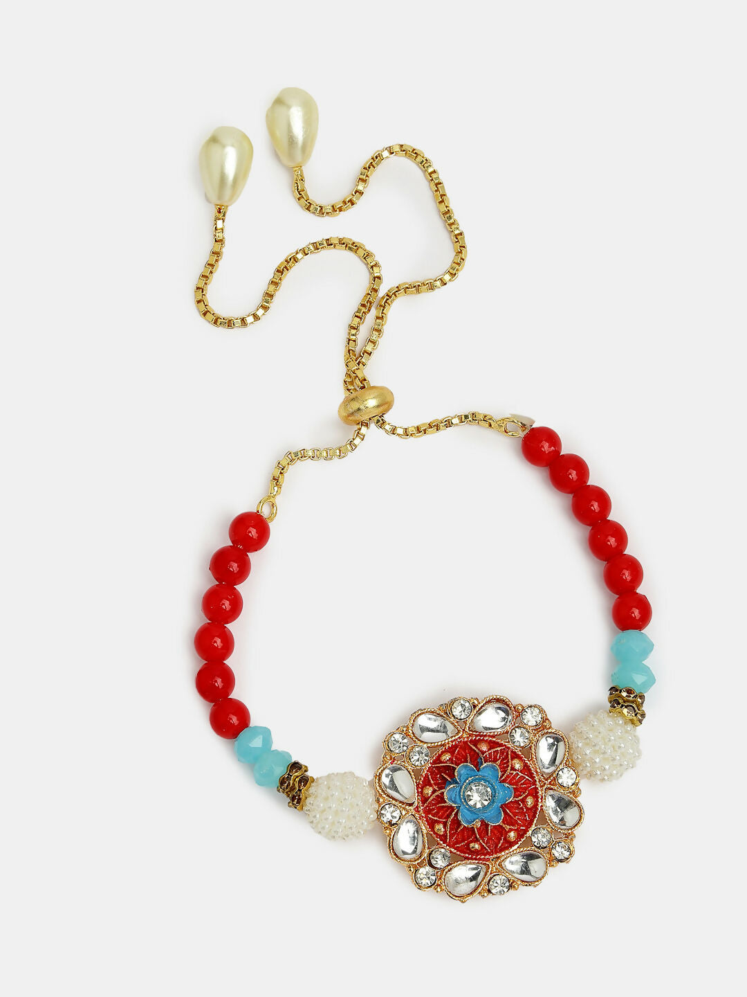 NVR Women & Men Set of 2 Red-colored Stone-Studded & Beaded Bhaiya Bhabhi Rakhi With Roli Chawal - Distacart