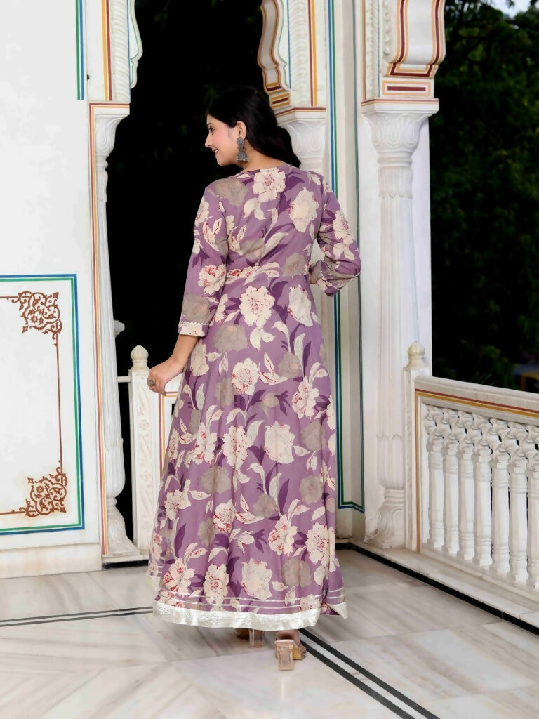 Miravan Women's Purple Flower Printed With Lace Border Anarkali Kurta With Dupatta Set