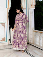 Miravan Women's Purple Flower Printed With Lace Border Anarkali Kurta With Dupatta Set