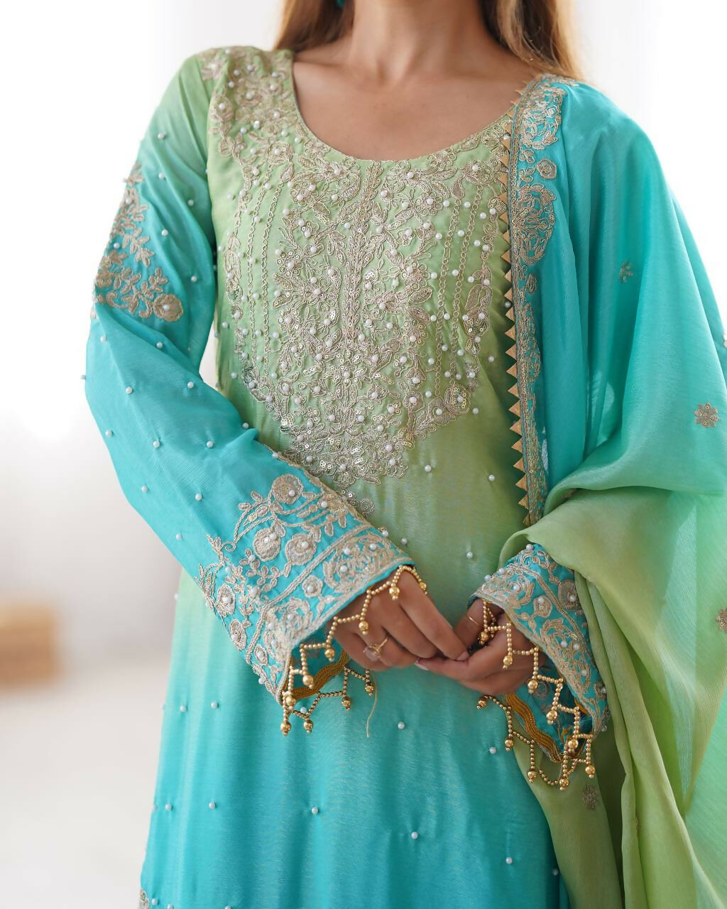 The52 Women's Beautiful Chinon silk Fabric Embroidery Work Straight Kurta Palazzo and Dupatta Set - Distacart