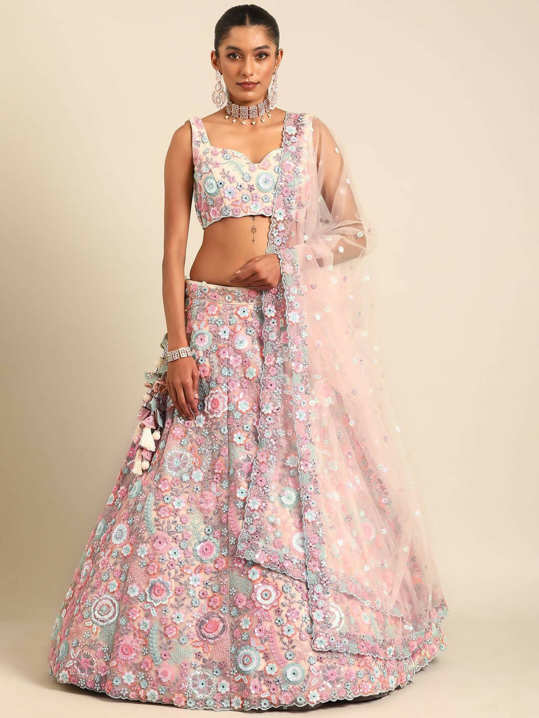 House of Panchhi Cream Net Sequins, Mirror and thread embroidery Lehenga choli & Dupatta