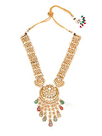 Long Kundan Neckpiece with Earrings & Maang Tikka with Multi Stones Jewellery Set (Gold) - Ruby Raang
