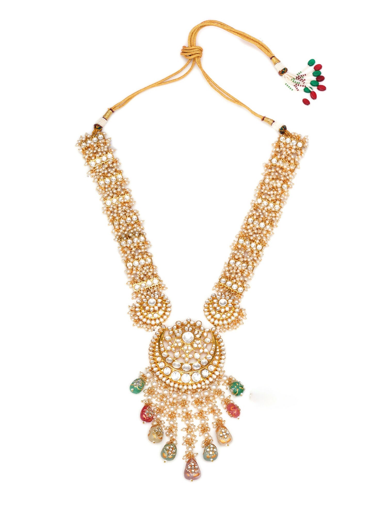 Long Kundan Neckpiece with Earrings & Maang Tikka with Multi Stones Jewellery Set (Gold) - Ruby Raang