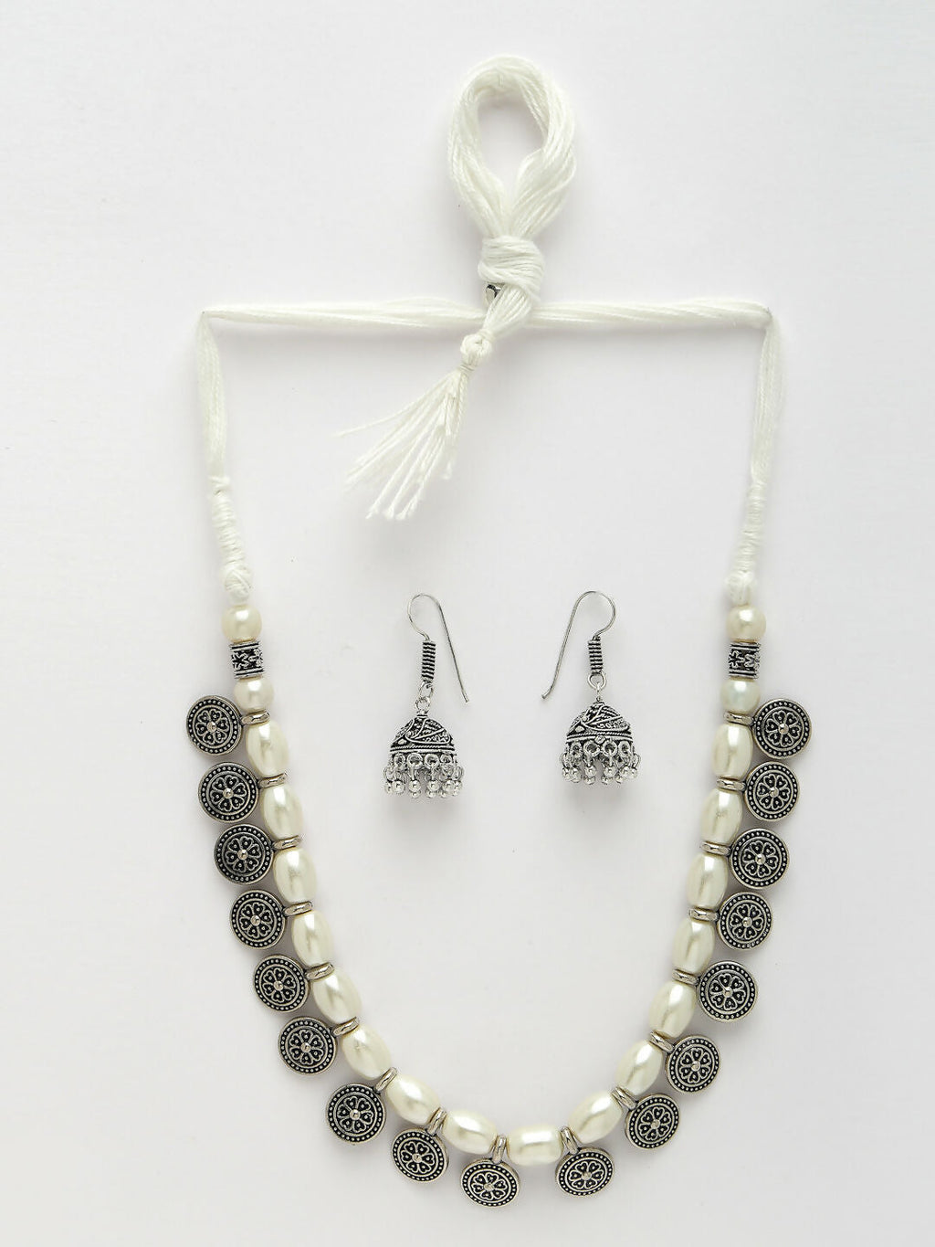 NVR Women's White Silver-Plated Choke Oxidized Necklace with Jhumka Earrings