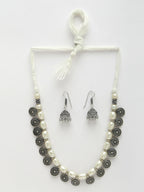 NVR Women's White Silver-Plated Choke Oxidized Necklace with Jhumka Earrings